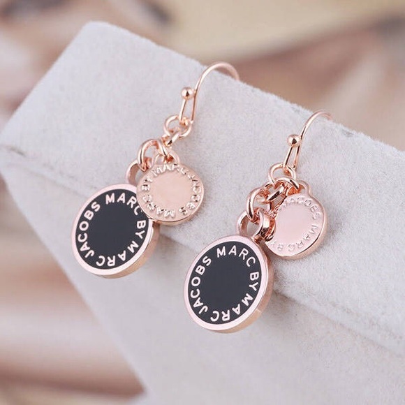 Marc Jacobs Jewelry - NWT Marc Jacobs Enamel Glaze Logo Disc Drop Earrings Rose Gold and Black